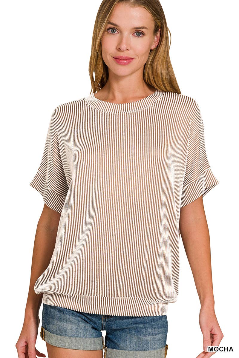 7 Zenana - Corded Rib Short Sleeve Top - Purses & Pearls