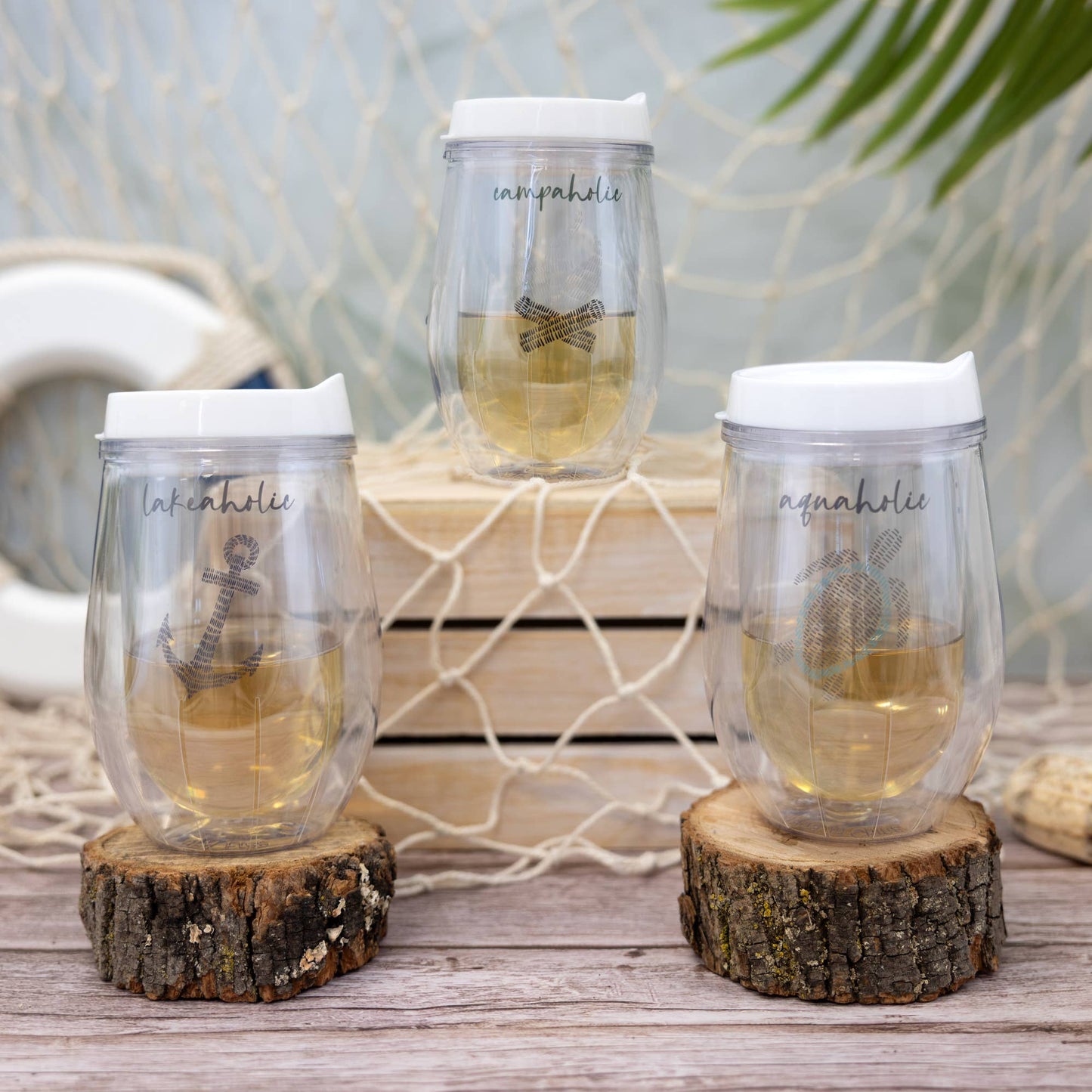 Lakeaholic - 12 oz Acrylic Stemless Wine Glass with Lid