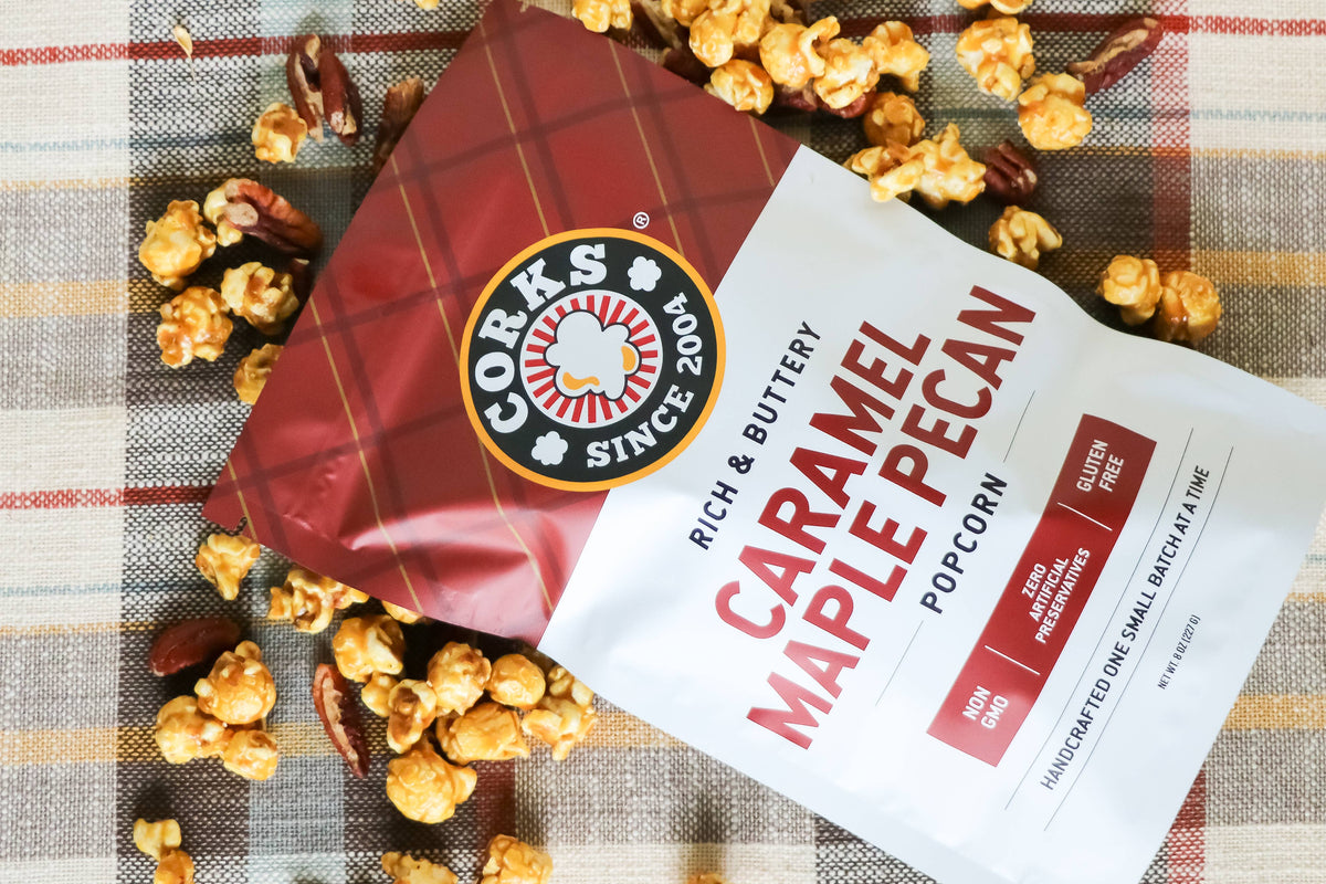 Corks Popcorn - Rich and Buttery Caramel Maple Pecan Popcorn - 8.0oz