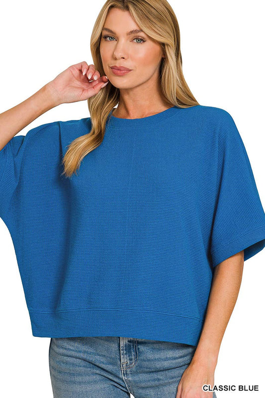 #4 Zenana- Double Knit Banded Bottom Short Sleeve Top in Royal Blue