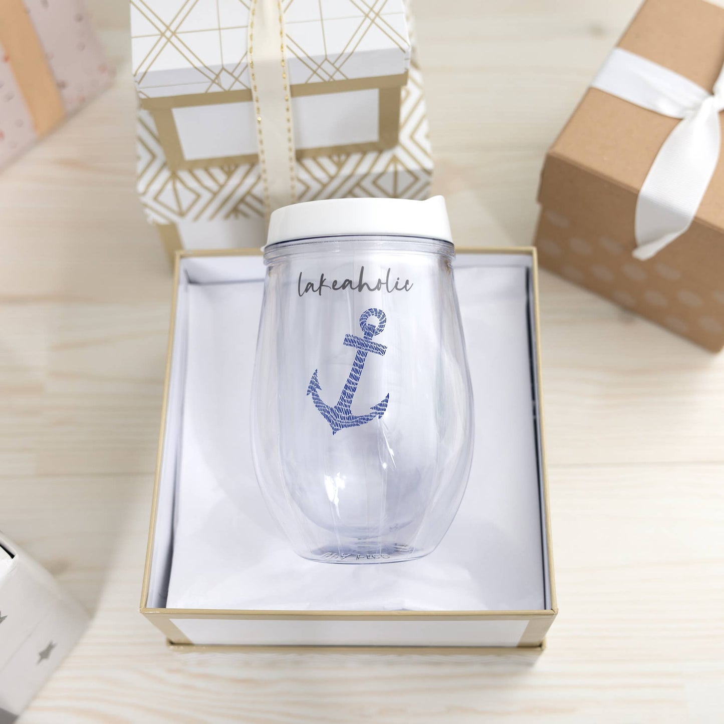 Lakeaholic - 12 oz Acrylic Stemless Wine Glass with Lid