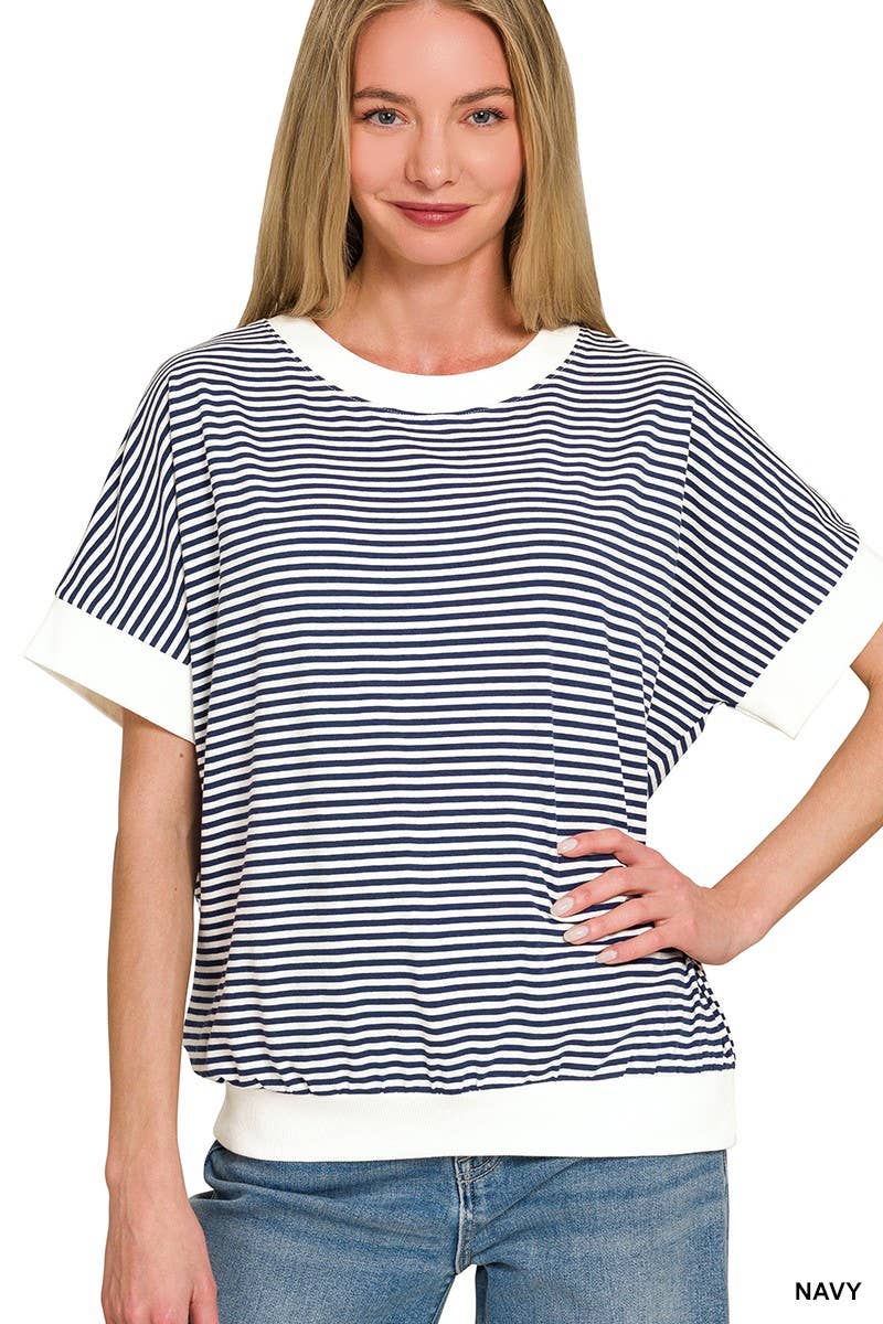 #6 Zenana - Stripe Contrast Trim Banded Bottom Top