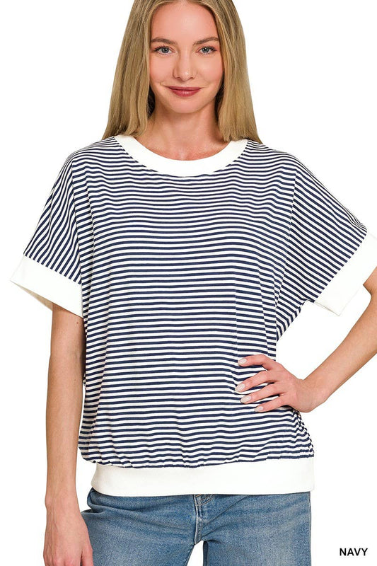 #6 Zenana - Stripe Contrast Trim Banded Bottom Top