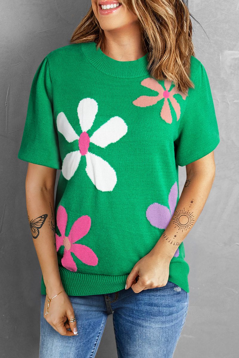 Bright Green Floral Bubble Short Sleeve Sweater - Purses & Pearls