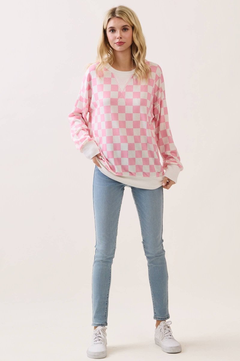 Checkered Print Drop Shoulder Pullover Top - Purses & Pearls