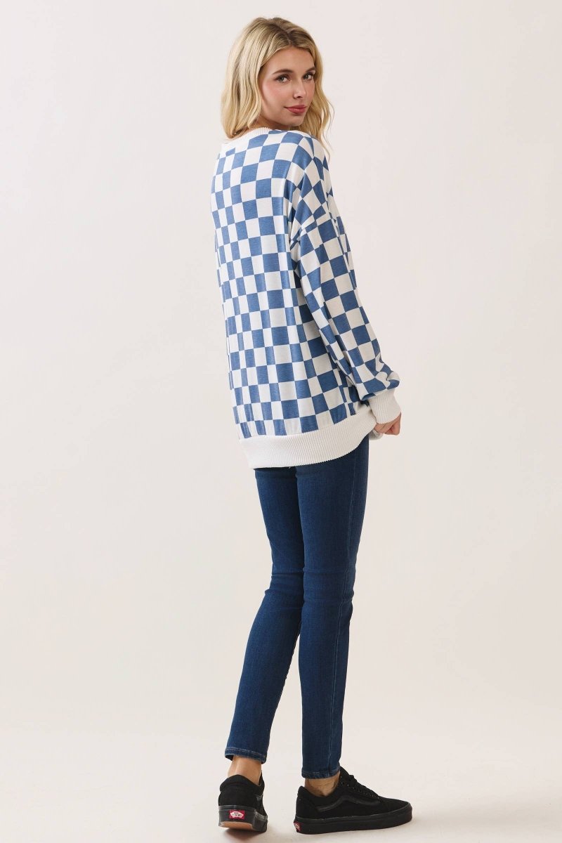 Checkered Print Drop Shoulder Pullover Top - Purses & Pearls