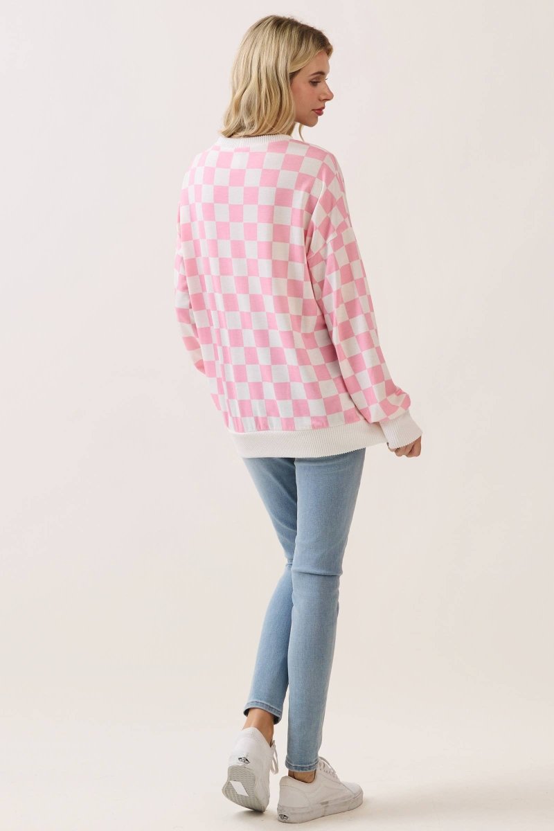 Checkered Print Drop Shoulder Pullover Top - Purses & Pearls