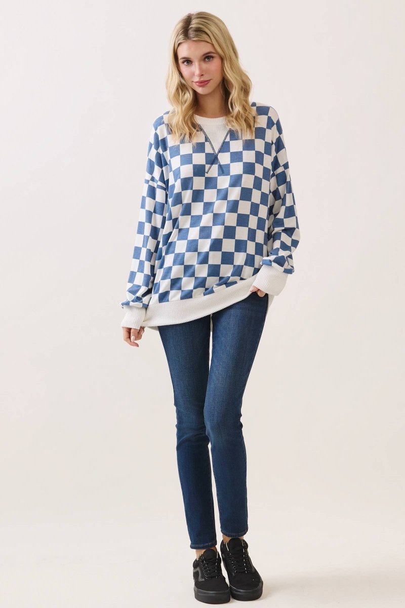 Checkered Print Drop Shoulder Pullover Top - Purses & Pearls