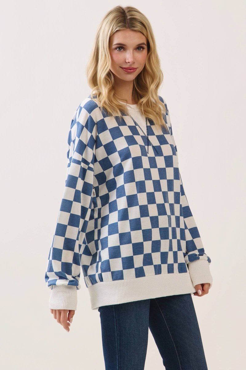 Checkered Print Drop Shoulder Pullover Top - Purses & Pearls