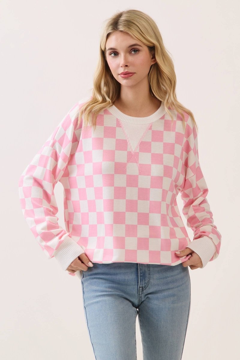 Checkered Print Drop Shoulder Pullover Top - Purses & Pearls