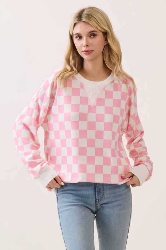 Checkered Print Drop Shoulder Pullover Top - Purses & Pearls