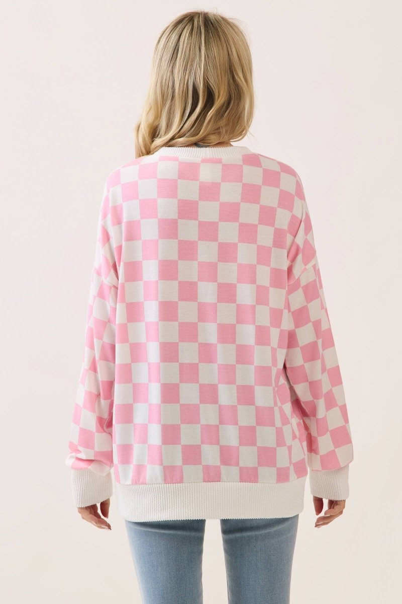 Checkered Print Drop Shoulder Pullover Top - Purses & Pearls
