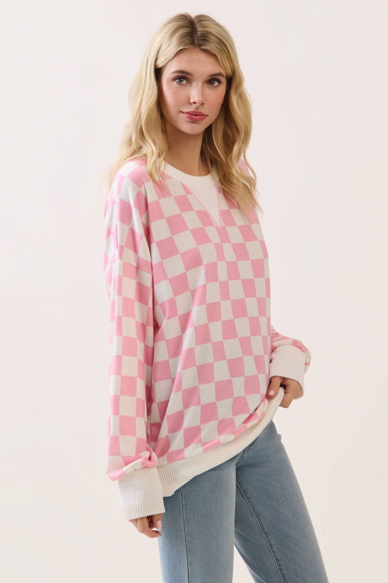 Checkered Print Drop Shoulder Pullover Top - Purses & Pearls