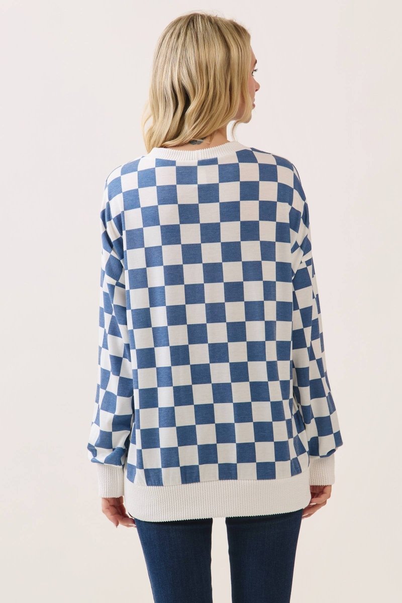 Checkered Print Drop Shoulder Pullover Top - Purses & Pearls