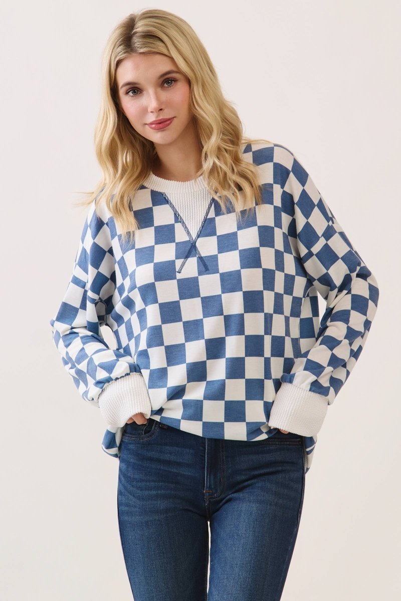 Checkered Print Drop Shoulder Pullover Top - Purses & Pearls