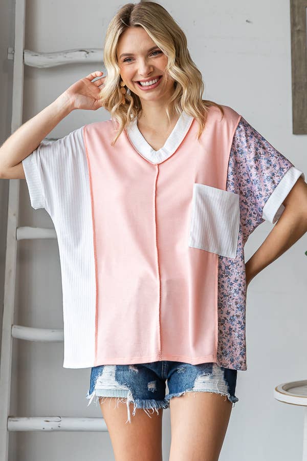Color Block Front Pocket Raw Seams Short Sleeves Top - Purses & Pearls