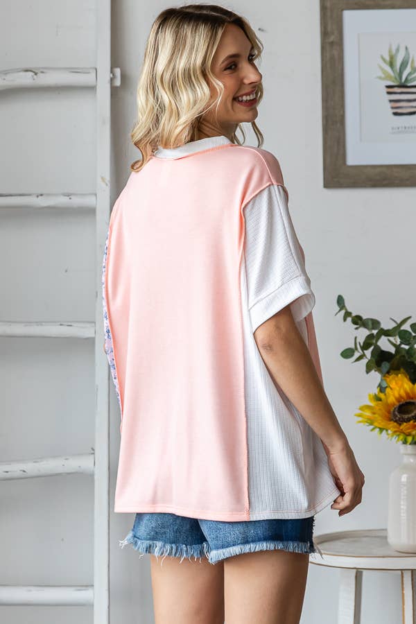 Color Block Front Pocket Raw Seams Short Sleeves Top - Purses & Pearls