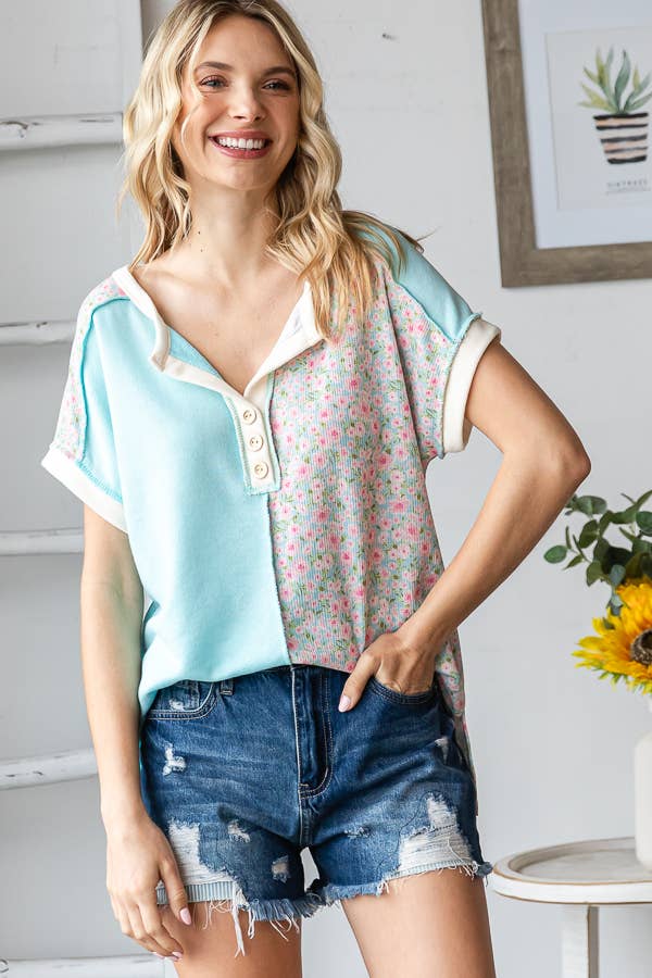 Color Block Half Floral Print Panel Button Front Top - Purses & Pearls