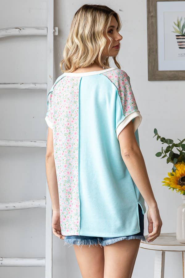 Color Block Half Floral Print Panel Button Front Top - Purses & Pearls