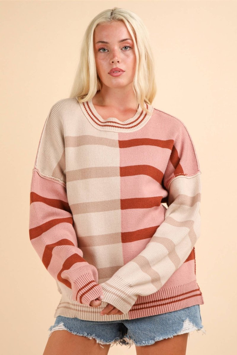 Color Block Oversized Striped Knit Sweater Top - Purses & Pearls