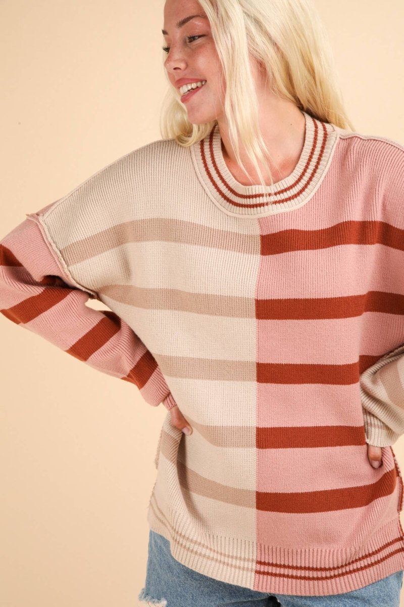 Color Block Oversized Striped Knit Sweater Top - Purses & Pearls