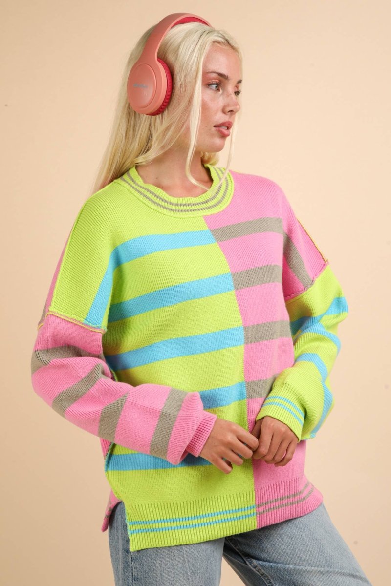 Color Block Oversized Striped Knit Sweater Top - Purses & Pearls