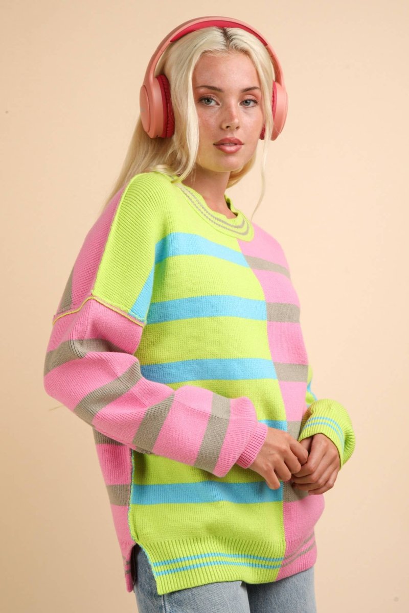 Color Block Oversized Striped Knit Sweater Top - Purses & Pearls