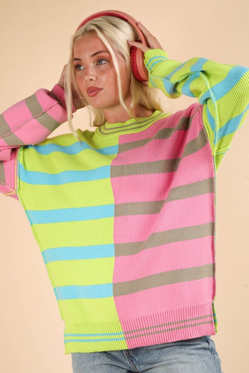 Color Block Oversized Striped Knit Sweater Top - Purses & Pearls