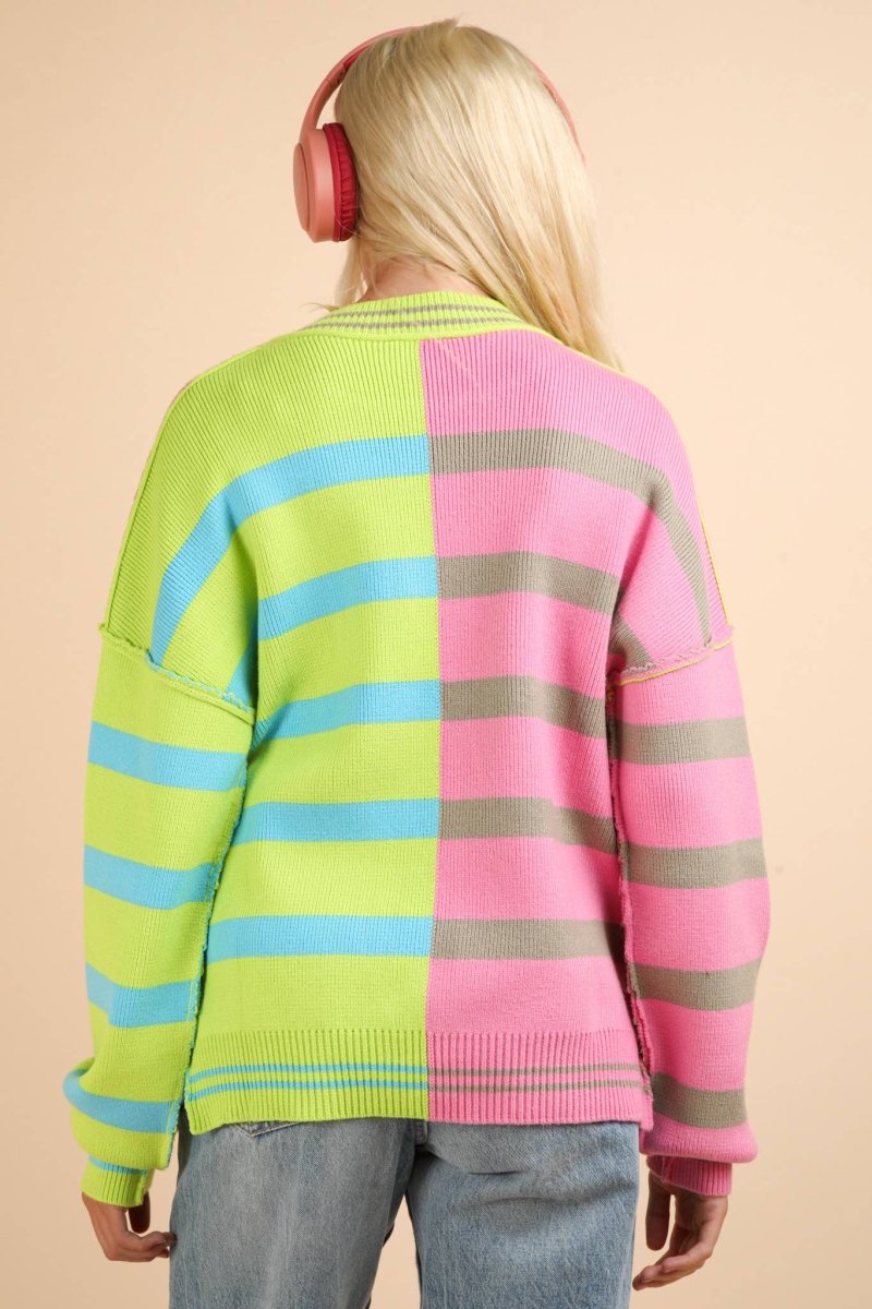 Color Block Oversized Striped Knit Sweater Top - Purses & Pearls