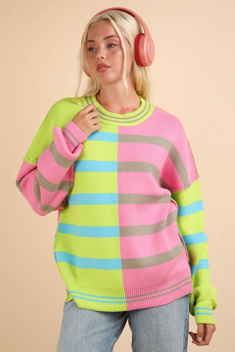 Color Block Oversized Striped Knit Sweater Top - Purses & Pearls