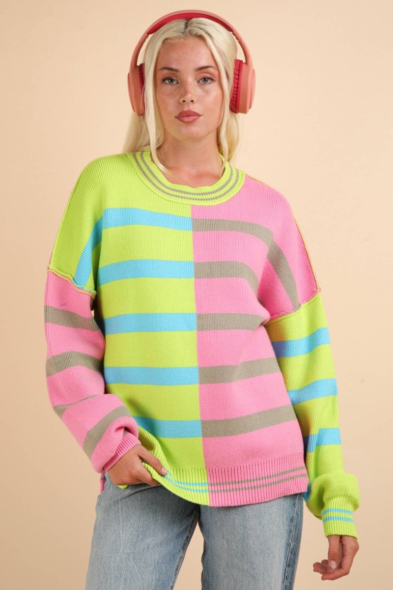 Color Block Oversized Striped Knit Sweater Top - Purses & Pearls
