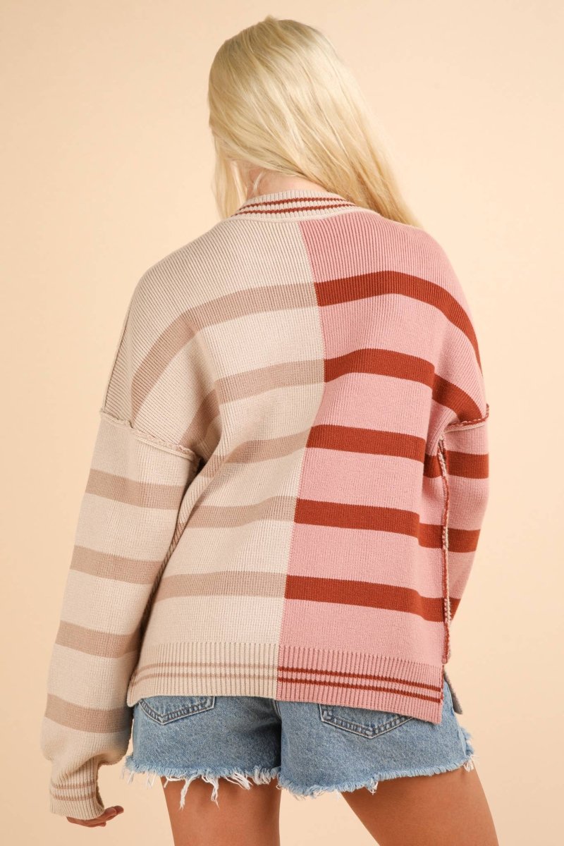 Color Block Oversized Striped Knit Sweater Top - Purses & Pearls