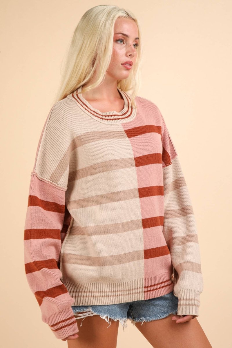 Color Block Oversized Striped Knit Sweater Top - Purses & Pearls