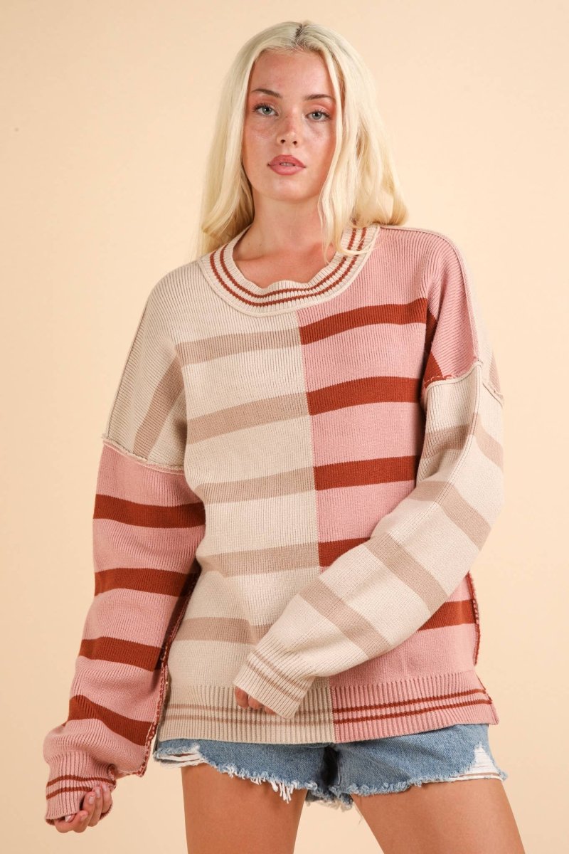 Color Block Oversized Striped Knit Sweater Top - Purses & Pearls