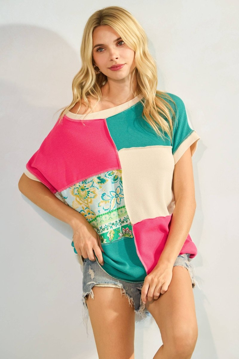 Color Block Patchwork Short Sleeve Top - Purses & Pearls
