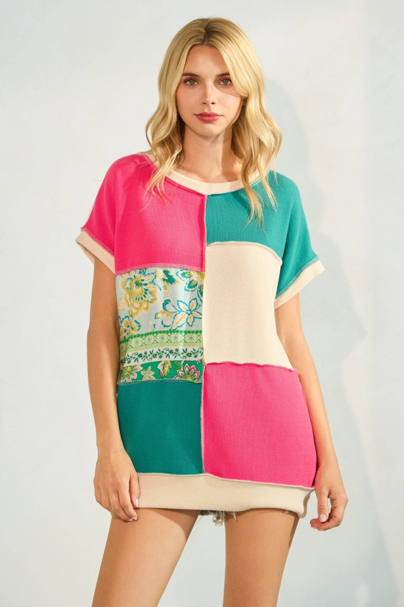 Color Block Patchwork Short Sleeve Top - Purses & Pearls