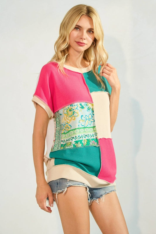 Color Block Patchwork Short Sleeve Top - Purses & Pearls