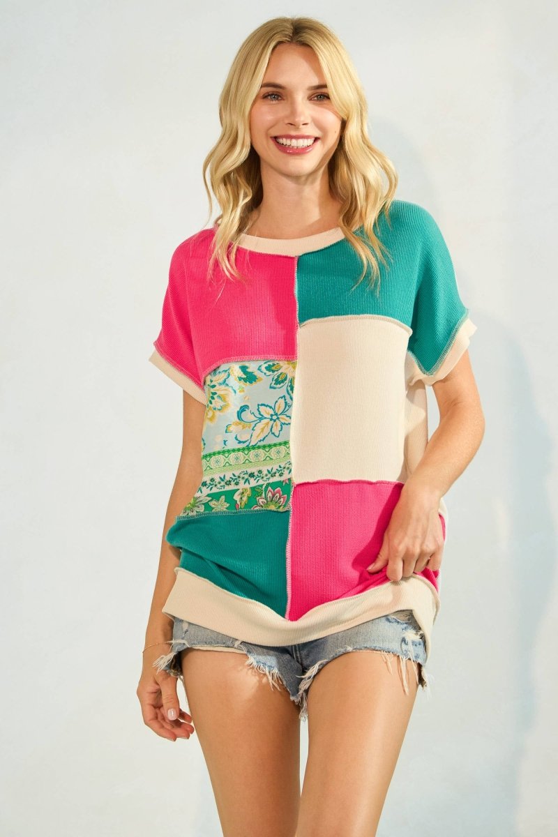 Color Block Patchwork Short Sleeve Top - Purses & Pearls