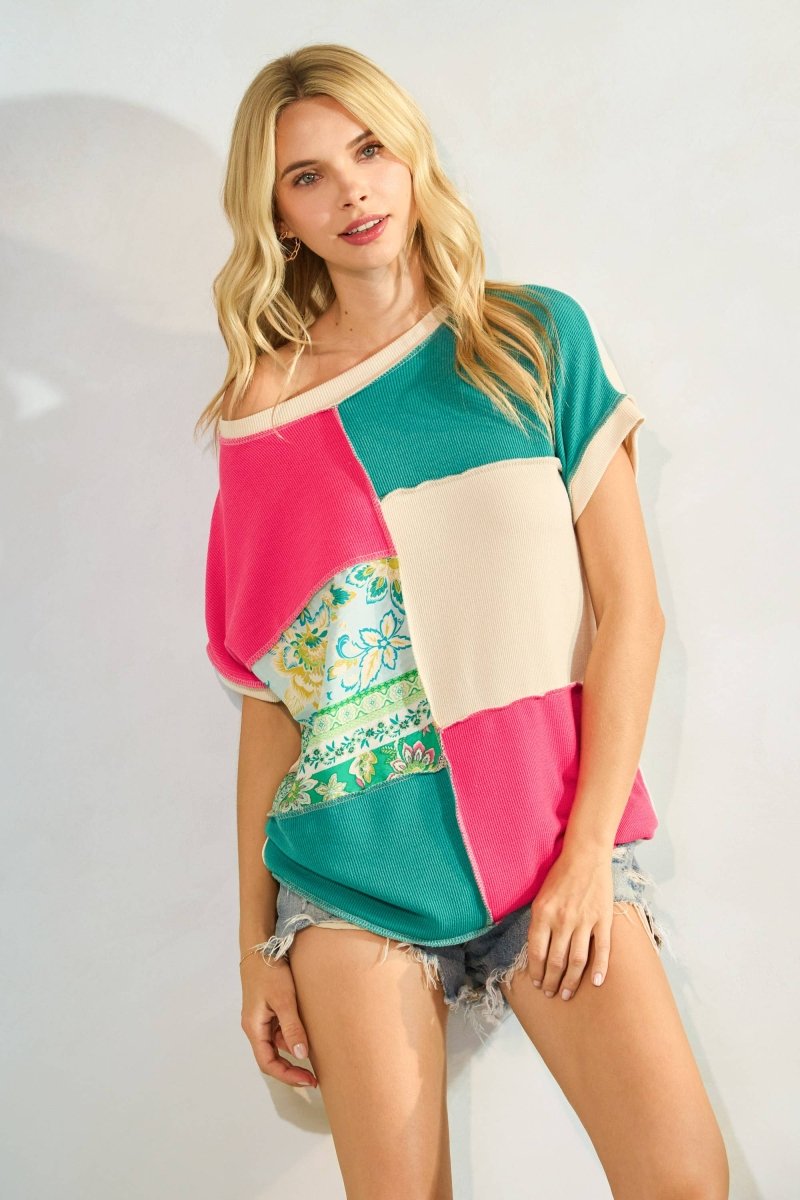 Color Block Patchwork Short Sleeve Top - Purses & Pearls