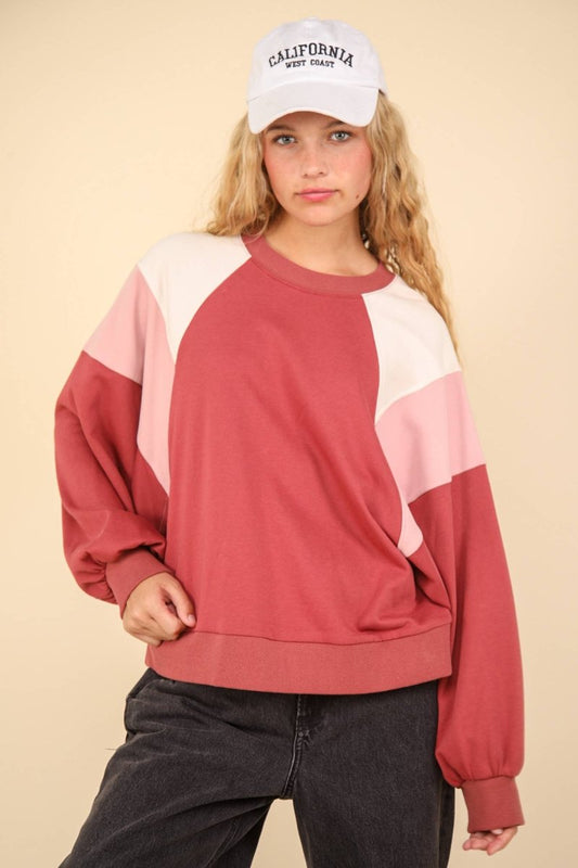 Color Block Raglan Sleeve Comfy Knit Sweat Shirt Top in Pink - Purses & Pearls