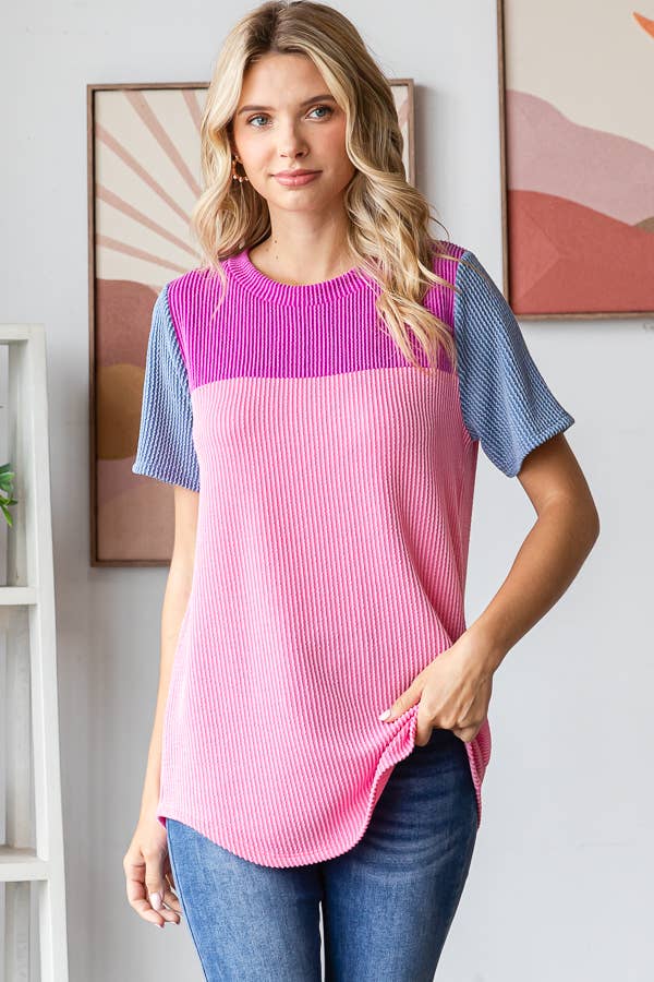 Color Block Ribbed Women's Knit Top - Purses & Pearls