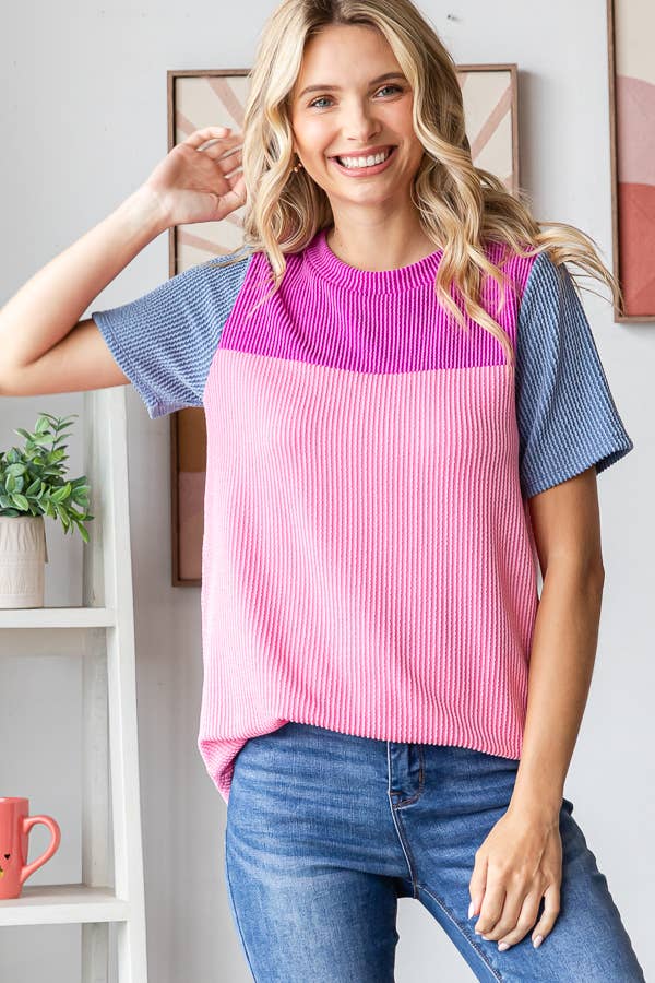 Color Block Ribbed Women's Knit Top - Purses & Pearls
