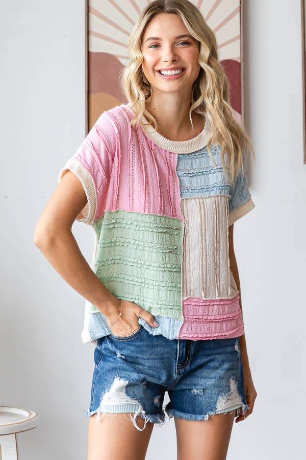 Color Block Textured Patchwork Short Sleeve Top - Purses & Pearls