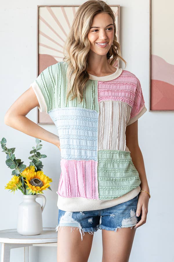 Color Block Textured Patchwork Short Sleeve Top - Purses & Pearls