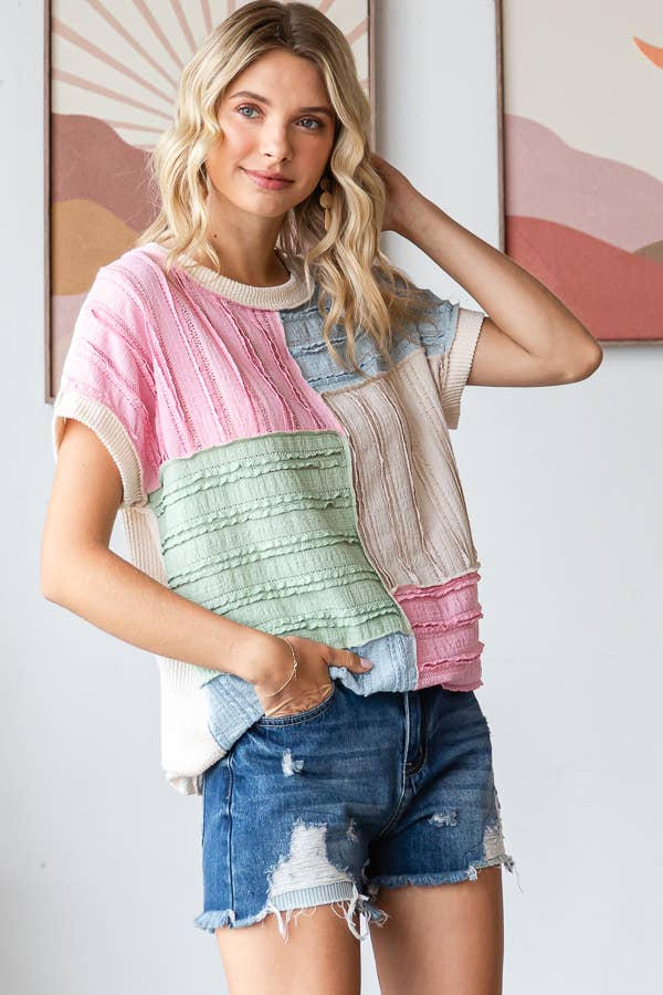 Color Block Textured Patchwork Short Sleeve Top - Purses & Pearls