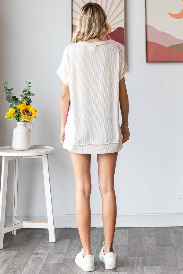 Color Block Textured Patchwork Short Sleeve Top - Purses & Pearls