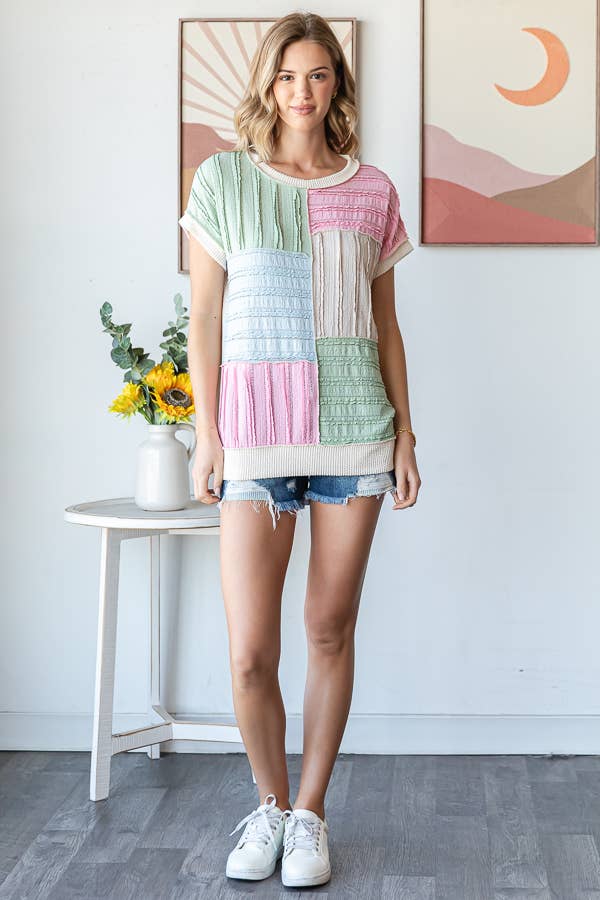 Color Block Textured Patchwork Short Sleeve Top - Purses & Pearls