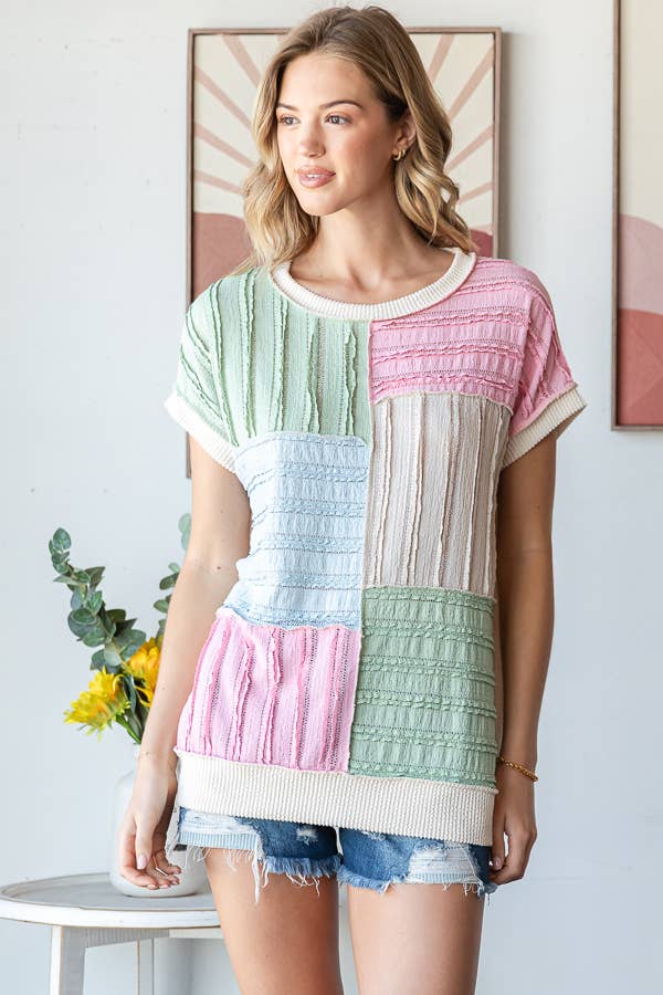 Color Block Textured Patchwork Short Sleeve Top - Purses & Pearls