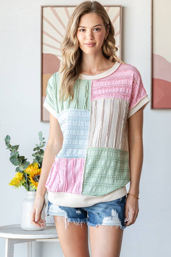 Color Block Textured Patchwork Short Sleeve Top - Purses & Pearls