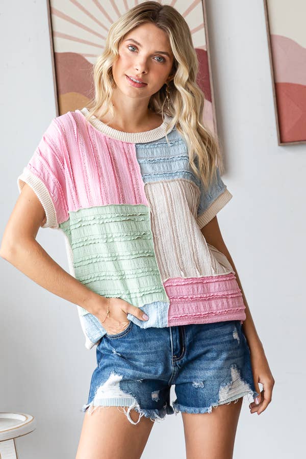 Color Block Textured Patchwork Short Sleeve Top - Purses & Pearls